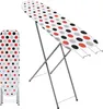 A polka-dotted ironing board is shown in an open and a folded position against a white background. Produktbild-Vorschau
