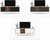 Three identical modern floating media consoles with televisions. Podgląd zdjęcia produktu