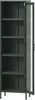 A tall, narrow, dark green metal cabinet with a glass door and several shelves, shown from the front. Produktbild-Vorschau