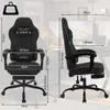 Diagram showing the dimensions and features of a black gaming chair. Produktbild-Vorschau
