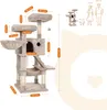 A cat tree with dimensions indicated by text overlays, and illustrations of people and a dog for scale. Anteprima dell’immagine prodotto