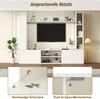 A modern white TV wall unit with a large TV, shelves, and decorative items, shown in a living room setting. Close-up insets highlight the hinge and push-to-open mechanism. Anteprima dell’immagine prodotto