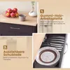 A collage of images showcasing features of a kitchen cart, including its wooden countertop, a drawer with utensils, and a decorative vase with apples. Voir les images du produit