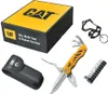 A product shot of a CAT multi-tool set, including the packaging, a multi-tool, a pouch, a carabiner-style tool, and a bit set. Produktbild-Vorschau