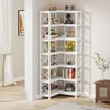 A white corner bookshelf filled with various decorative items and books. Náhled obrázku produktu