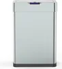 A silver automatic kitchen trash can with a purple sensor on top, shown against a white background. Produktbild-Vorschau