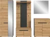 A set of furniture for an entryway, including a tall cabinet with a mirror, a coat rack with a mirror, and a chest of drawers. Produktbild-Vorschau