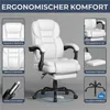 A white ergonomic office chair with multiple inset images highlighting its features. Produktbild-Vorschau