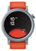 A close-up shot of a smartwatch with an orange strap and a silver casing. Voir les images du produit