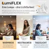 A collage showing a lamp with three different light color settings and descriptions. Produktbild-Vorschau