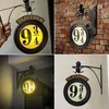A collage of four images showing a Harry Potter Platform 9 3/4 illuminated sign in different settings. Produktbild-Vorschau