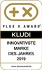 A marketing badge for the Plus X Award, indicating "Most Innovative Brand of the Year 2019" for the brand KLUDI. Produktbild-Vorschau