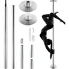 A person is performing a pose on a dance pole, with various parts of the dance pole assembly laid out on the left side of the image.