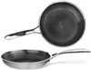 Two views of a stainless steel frying pan with a honeycomb pattern on the cooking surface. Náhľad obrázku produktu