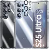 A collage of clear phone cases with camera lens protectors, showcasing different angles and the phone screen. Produktbild-Vorschau