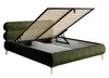 A green upholstered bed frame with its storage compartment open, revealing the slatted base and storage space. The bed has gold-colored legs. Produktbild-Vorschau