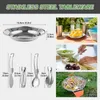 A collage of images showing stainless steel tableware, including a plate, cutlery, and lifestyle shots of food and drinks. Produktbild-Vorschau