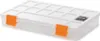 A clear, studio shot of a transparent plastic organizer box with orange clasps, set against a white background. Voir les images du produit