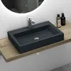 A modern bathroom sink with a faucet and two soap dispensers on a wooden shelf. Produktbild-Vorschau