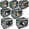 A collage of different sizes of soft-sided dog crates, each containing a dog. Produktbild-Vorschau