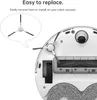 A close-up view of the underside of a robot vacuum cleaner, showing its brush and side brushes, with an inset image of a side brush. Produktbild-Vorschau
