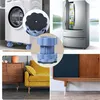 A collage of images showing washing machine feet being used under a washing machine and a refrigerator, as well as furniture legs. Produktbild-Vorschau