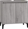 A standalone image of a gray wood-effect bathroom vanity cabinet with black legs. Produktbild-Vorschau