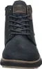 A close-up front view of a blue leather boot. Voir les images du produit