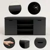 A black shoe cabinet with a padded seat on top, shown with close-up details of its construction and features. Náhľad obrázku produktu