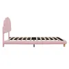 A side view of a pink upholstered bed frame with a slatted mattress support. Produktbild-Vorschau