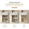 A marketing image showcasing a bathroom vanity with a sink, demonstrating different storage configurations and features. Náhled obrázku produktu