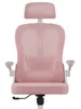 A pink ergonomic office chair with a white frame and headrest, shown from the front against a white background. Podgląd zdjęcia produktu