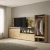 A modern living room setup featuring a media console with an electric fireplace, a TV, and an open wardrobe. Produktbild-Vorschau