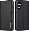 A black leather flip phone case for a Samsung Galaxy S23 FE is shown from two angles. Produktbild-Vorschau