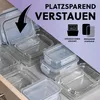A drawer filled with glass food storage containers. Voir les images du produit