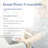 A woman in a striped shirt is holding a tablet and looking at a printer. The image has text overlay about printer compatibility. Produktbild-Vorschau
