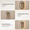 Collage of three images showing an oval LED mirror with different lighting options. Produktbild-Vorschau