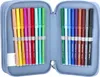A light blue pencil case filled with colorful markers, pens, and other stationery items. Produktbild-Vorschau