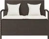 A brown poly rattan garden bench with white cushions and back pillows, shown against a white background. Produktbild-Vorschau