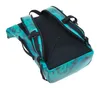 A close-up view of the back of a teal and blue patterned rucksack against a white background. Produktbild-Vorschau