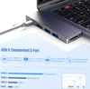A USB-C hub adapter is connected to a laptop, with feature callouts and a speed comparison chart. Produktbild-Vorschau