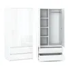 A white wardrobe and a chest of drawers are shown side-by-side against a white background. The wardrobe is open, revealing shelves and a hanging rail. The chest of drawers has two visible drawers. Produktbild-Vorschau