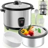 A collage showcasing a rice cooker and its accessories, along with a serving of rice and vegetables. Náhled obrázku produktu