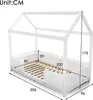 A white wooden house-shaped bed frame with dimensions indicated by measurement lines and numbers. Náhled obrázku produktu