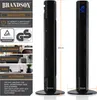 Product image showing a black tower fan with dimensions and certifications, along with lifestyle images of it in different rooms. Anteprima dell’immagine prodotto
