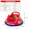 A red electric bumper car with technical specifications and dimensions shown. Produktbild-Vorschau