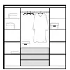 A line drawing illustration of an open wardrobe with clothes hanging and folded items on shelves. Produktbild-Vorschau