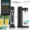 A black soda maker with a clear bottle and a glass of lemonade are shown, with text describing the product's features. Produktbild-Vorschau
