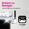 Close-up of a cleaning mechanism with water flowing, accompanied by marketing text and icons. Produktbild-Vorschau