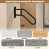 A black U-shaped handrail mounted on a wall next to a wooden door, with examples of different wall types shown below. Voir les images du produit